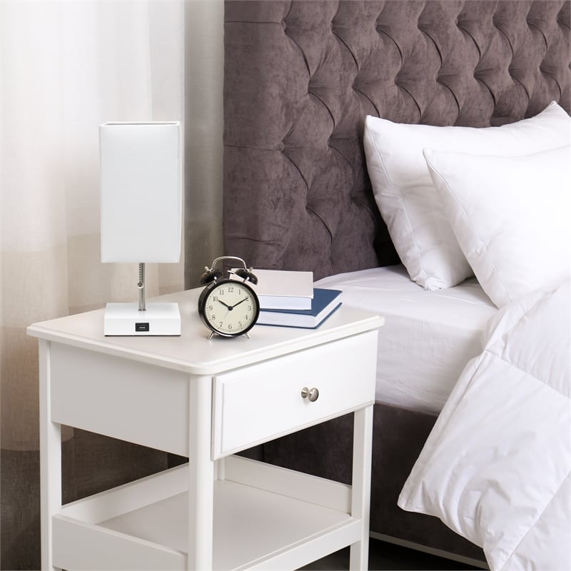 Simple Designs Metal Petite Stick Lamp w/ USB Port in White with White Shade