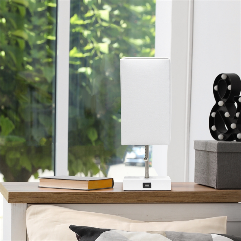 Simple Designs Metal Petite Stick Lamp w/ USB Port in White with White Shade