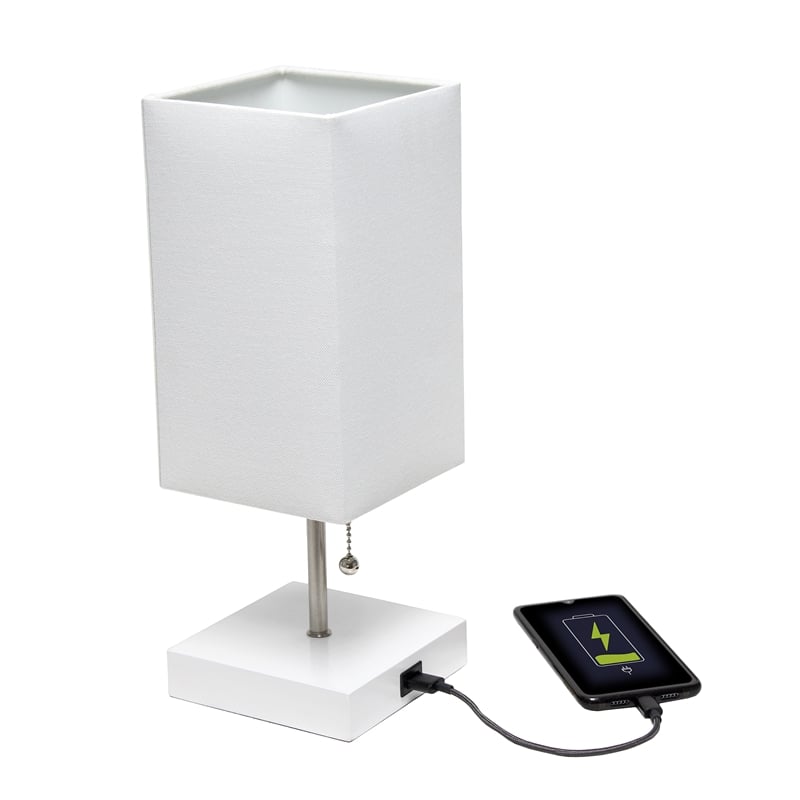 Simple Designs Metal Petite Stick Lamp w/ USB Port in White with White Shade