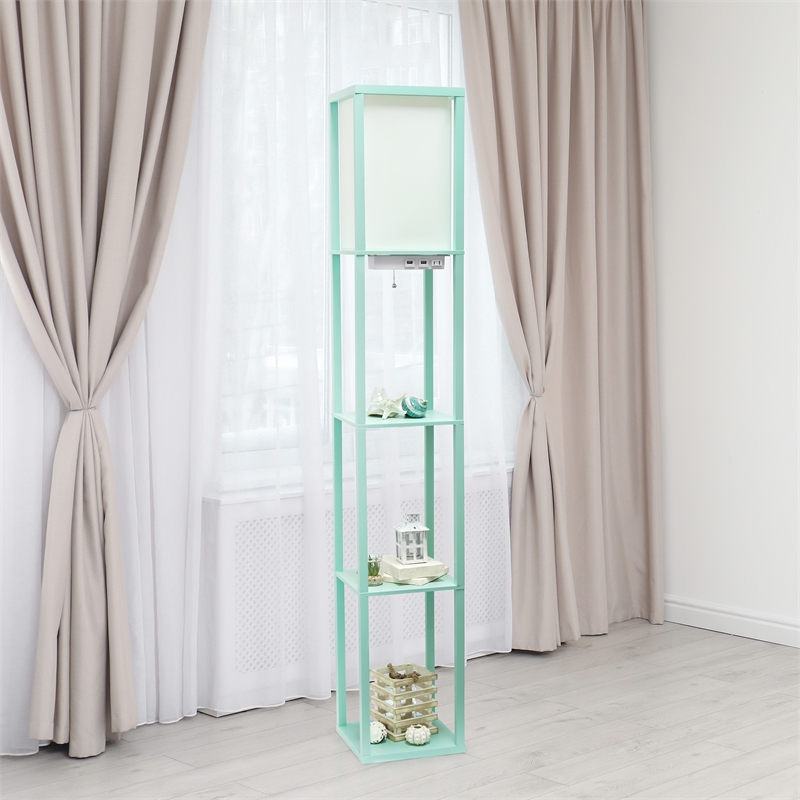 Simple Designs Etagere Shelving Floor Lamp w/ Ports in Blue with Cream Shade