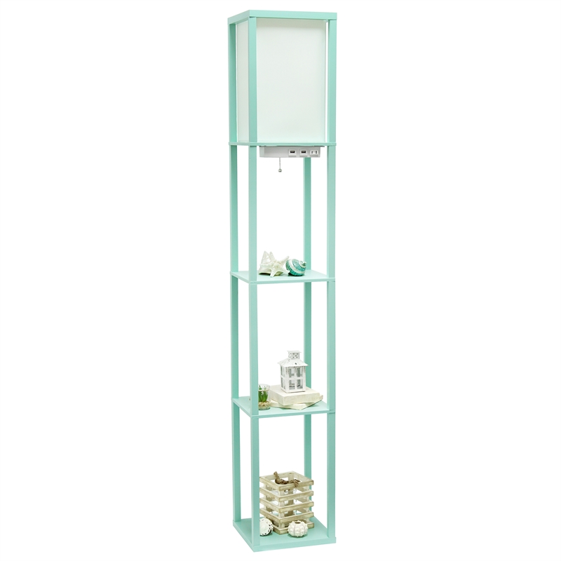 Simple Designs Etagere Shelving Floor Lamp w/ Ports in Blue with Cream Shade