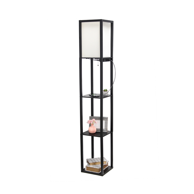 Simple Designs Etagere Shelving Floor Lamp w/ Ports in Black with Cream Shade