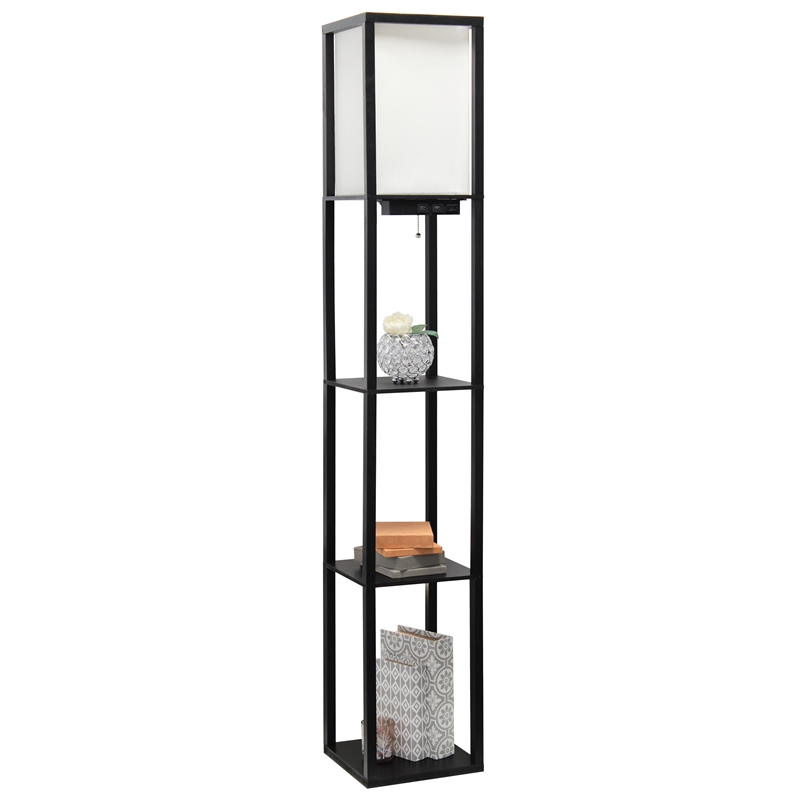 Simple Designs Etagere Shelving Floor Lamp w/ Ports in Black with Cream Shade