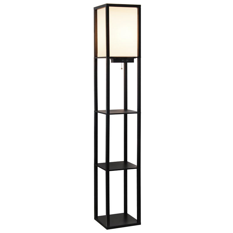 Simple Designs Etagere Shelving Floor Lamp w/ Ports in Black with Cream Shade