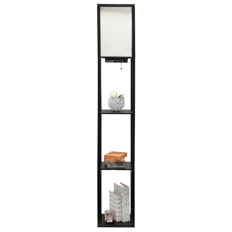 Simple Designs Etagere Shelving Floor Lamp w/ Ports in Black with Cream Shade