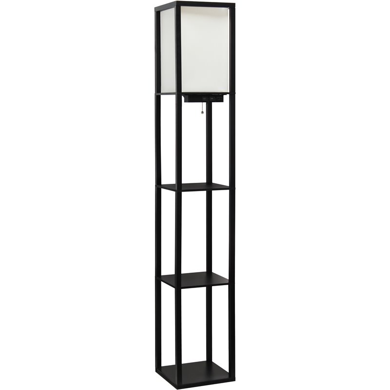 Simple Designs Etagere Shelving Floor Lamp w/ Ports in Black with Cream Shade
