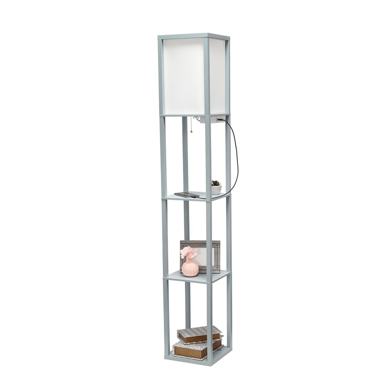 Simple Designs Etagere Shelving Floor Lamp w/ Ports in Gray with Cream Shade