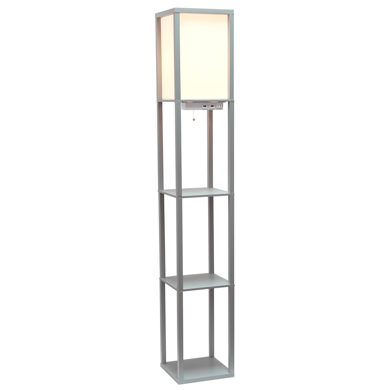 Simple Designs Etagere Shelving Floor Lamp w/ Ports in Gray with Cream Shade