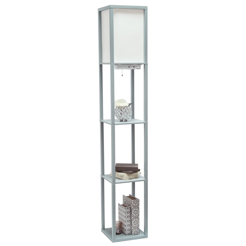 Simple Designs Etagere Shelving Floor Lamp w/ Ports in Gray with Cream Shade