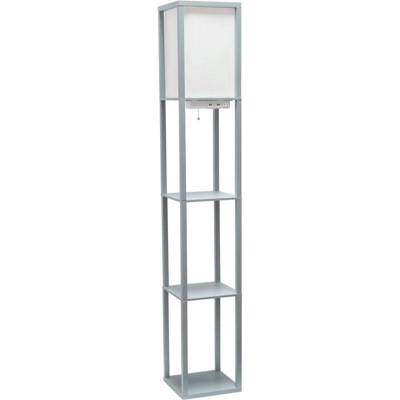 Simple Designs Etagere Shelving Floor Lamp w/ Ports in Gray with Cream Shade