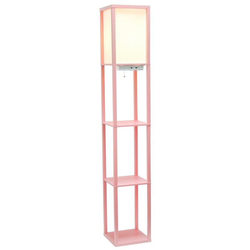 Simple Designs Etagere Shelving Floor Lamp w/ Ports in Pink with Cream Shade