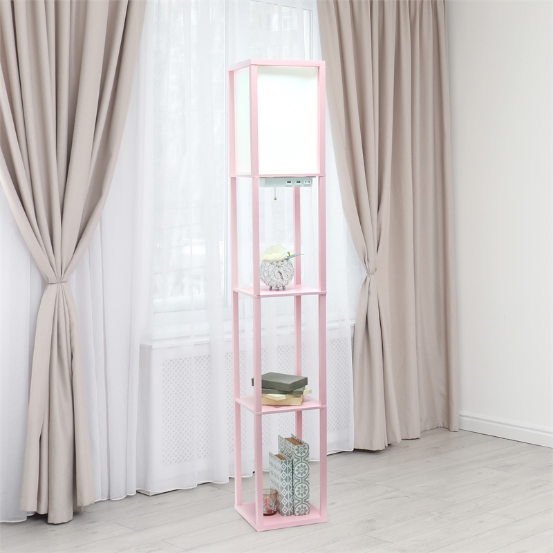 Simple Designs Etagere Shelving Floor Lamp w/ Ports in Pink with Cream Shade