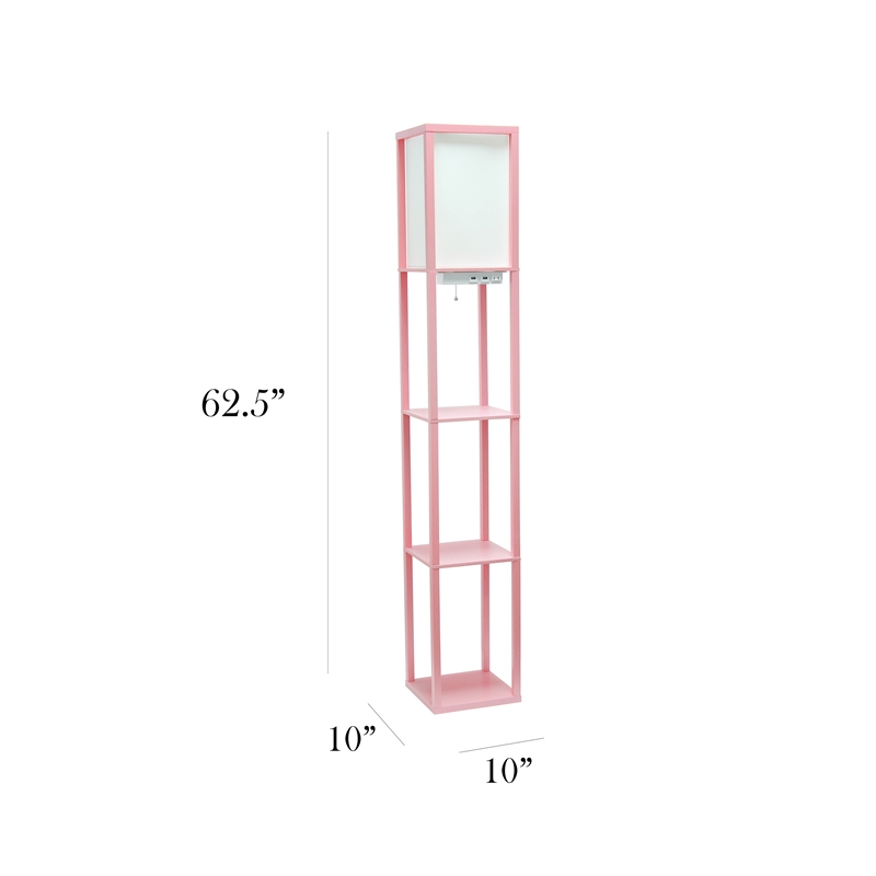 Simple Designs Etagere Shelving Floor Lamp w/ Ports in Pink with Cream Shade