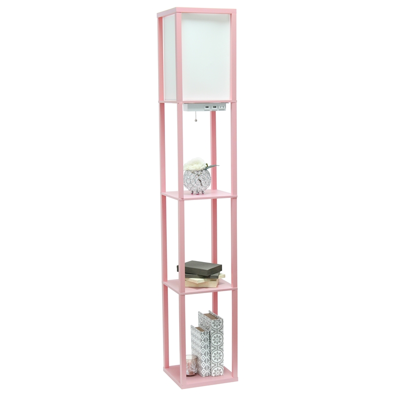 Simple Designs Etagere Shelving Floor Lamp w/ Ports in Pink with Cream Shade