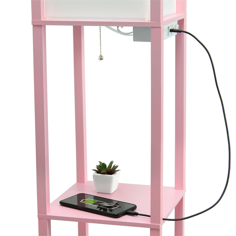 Simple Designs Etagere Shelving Floor Lamp w/ Ports in Pink with Cream Shade
