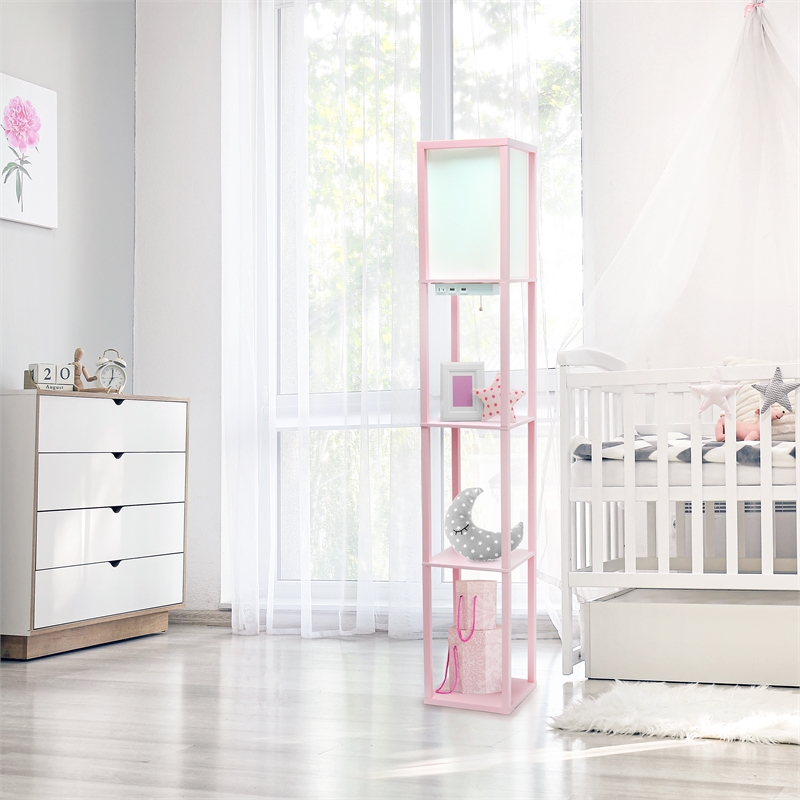 Simple Designs Etagere Shelving Floor Lamp w/ Ports in Pink with Cream Shade