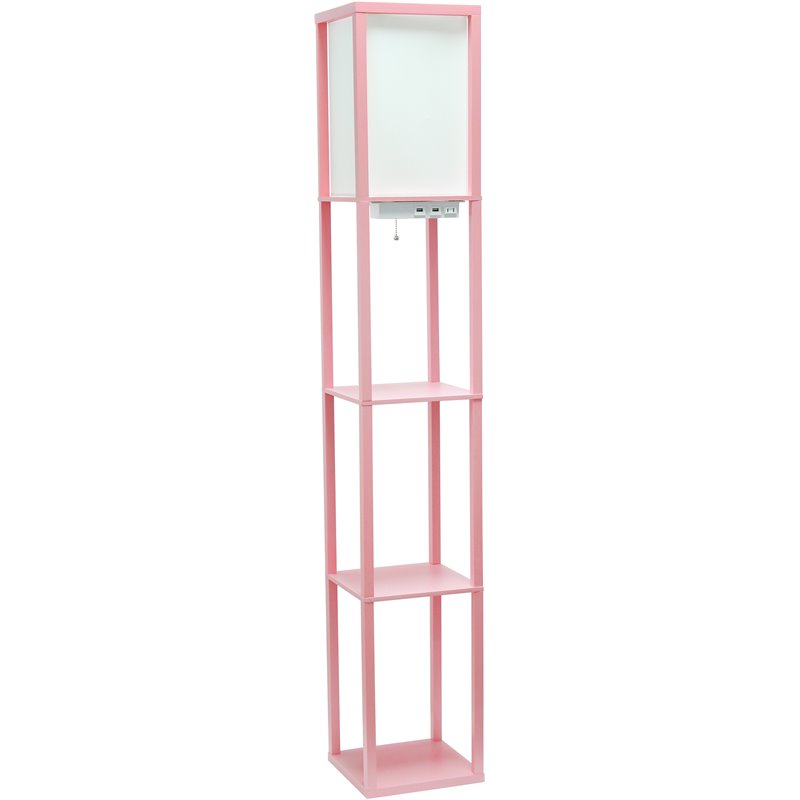 Simple Designs Etagere Shelving Floor Lamp w/ Ports in Pink with Cream Shade