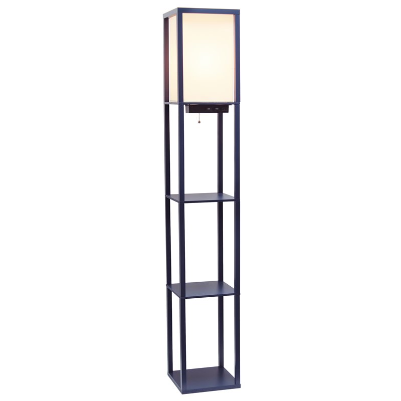 Simple Designs Etagere Shelving Floor Lamp w/ Ports in Navy with Cream Shade