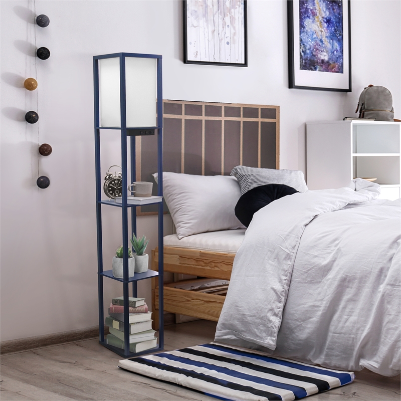 Simple Designs Etagere Shelving Floor Lamp w/ Ports in Navy with Cream Shade