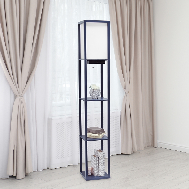 Simple Designs Etagere Shelving Floor Lamp w/ Ports in Navy with Cream Shade