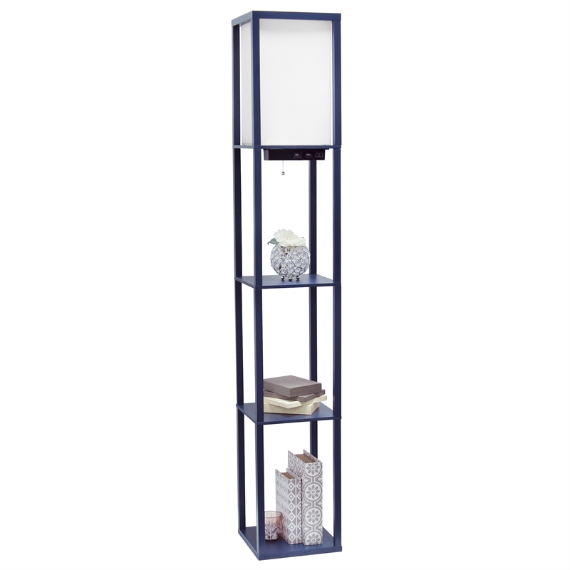Simple Designs Etagere Shelving Floor Lamp w/ Ports in Navy with Cream Shade