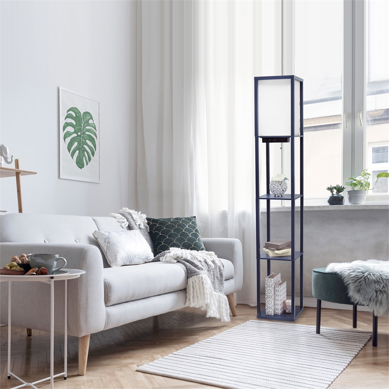 Simple Designs Etagere Shelving Floor Lamp w/ Ports in Navy with Cream Shade