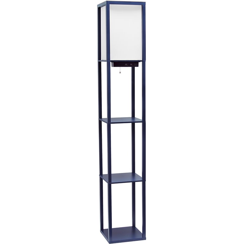 Simple Designs Etagere Shelving Floor Lamp w/ Ports in Navy with Cream Shade