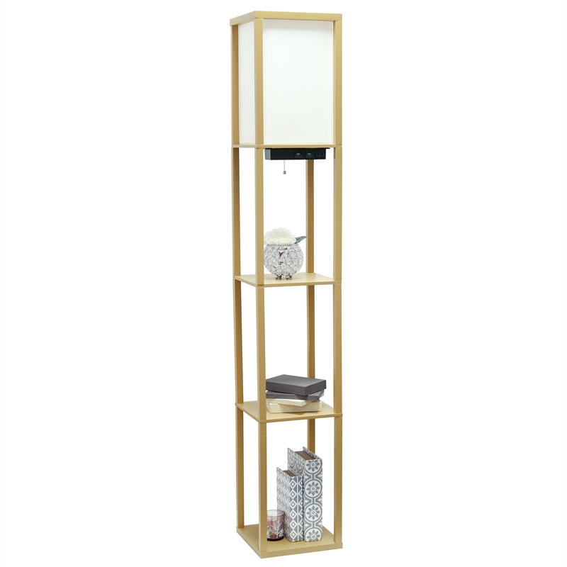Simple Designs Etagere Shelving Floor Lamp w/ Ports in Tan with Cream Shade