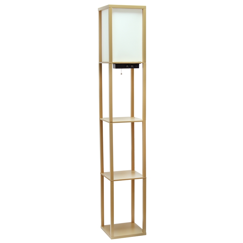 Simple Designs Etagere Shelving Floor Lamp w/ Ports in Tan with Cream Shade