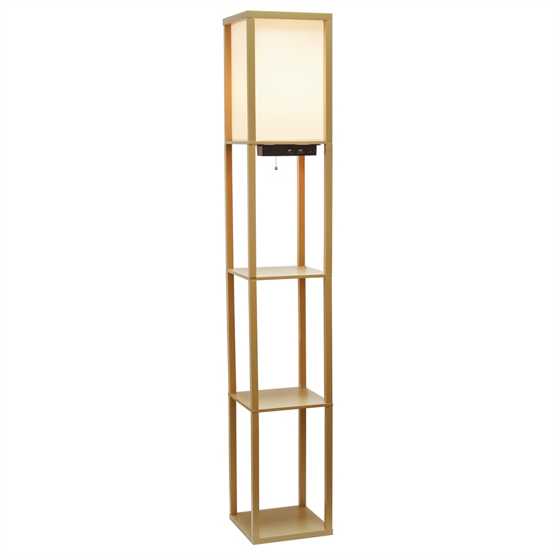 Simple Designs Etagere Shelving Floor Lamp w/ Ports in Tan with Cream Shade