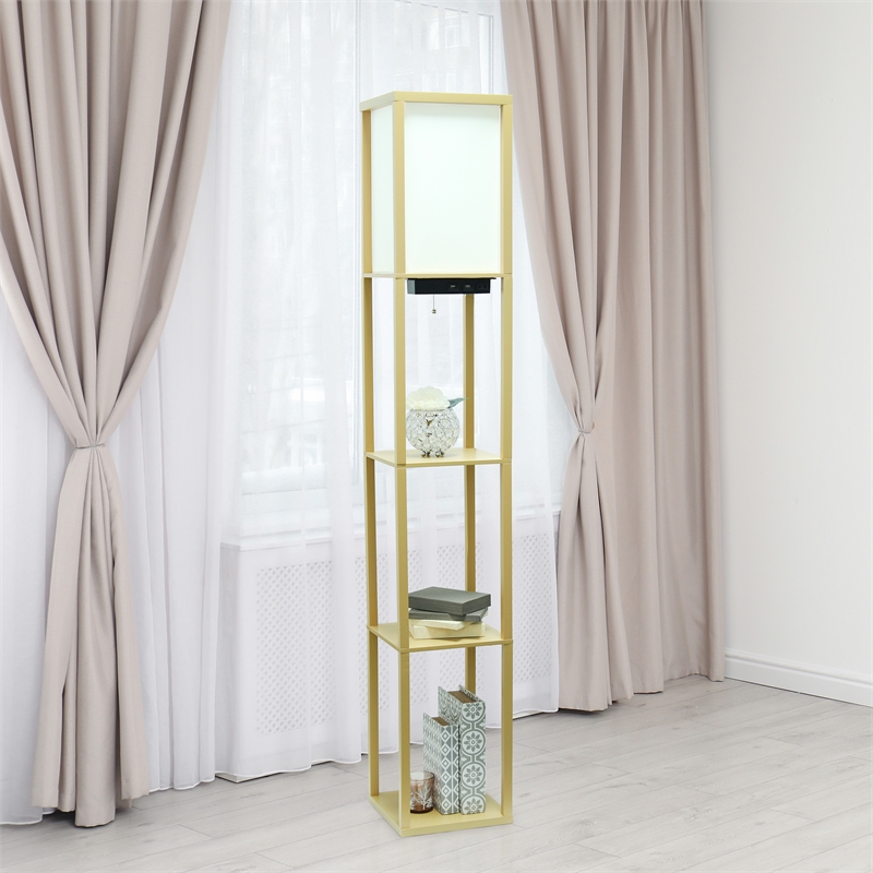 Simple Designs Etagere Shelving Floor Lamp w/ Ports in Tan with Cream Shade