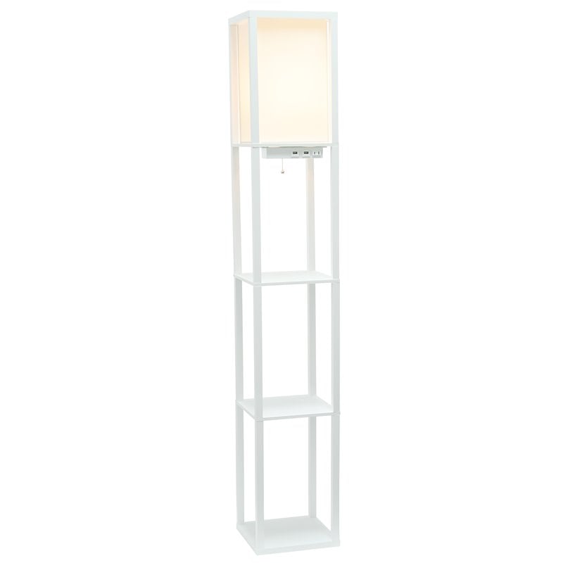 Simple Designs Etagere Shelving Floor Lamp w/ Ports in White with Cream Shade
