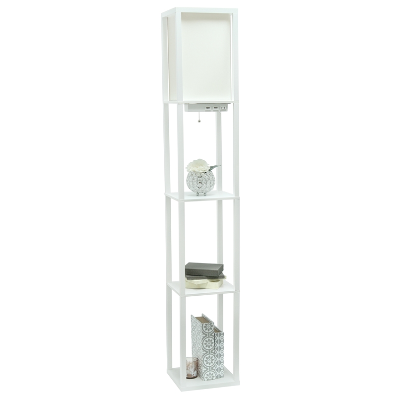 Simple Designs Etagere Shelving Floor Lamp w/ Ports in White with Cream Shade