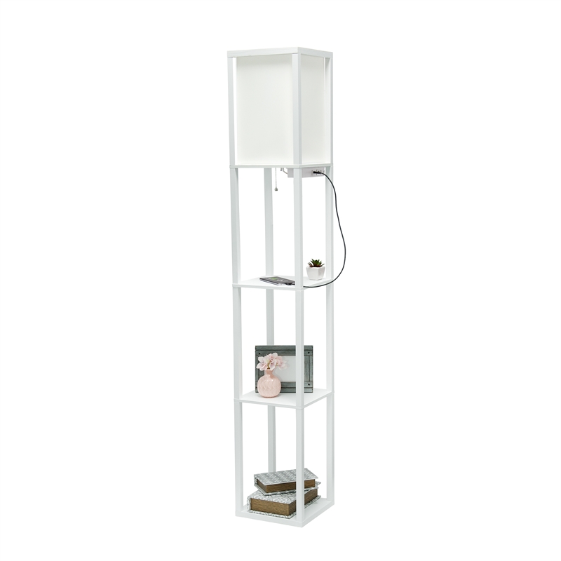 Simple Designs Etagere Shelving Floor Lamp w/ Ports in White with Cream Shade