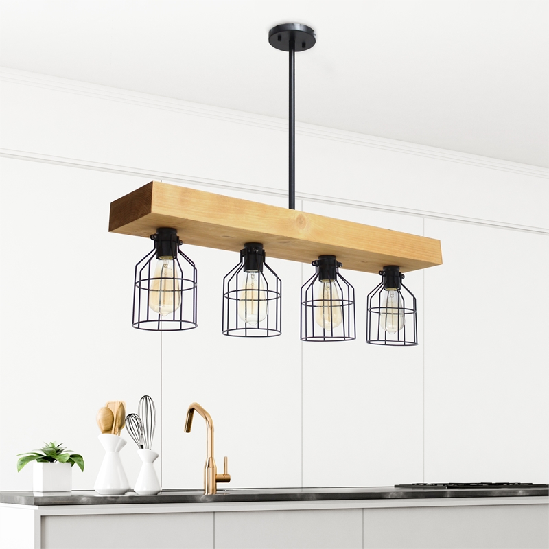 Lalia Home Wood 4 Light Beam Pendant in Light Brown