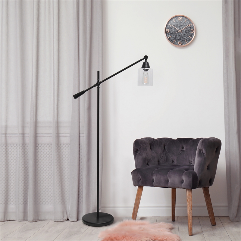 Lalia Home Metal Swing Arm Floor Lamp in Black with Clear Shade