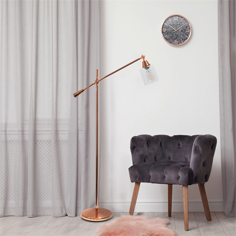 Lalia Home Metal Swing Arm Floor Lamp in Rose Gold with Clear Shade
