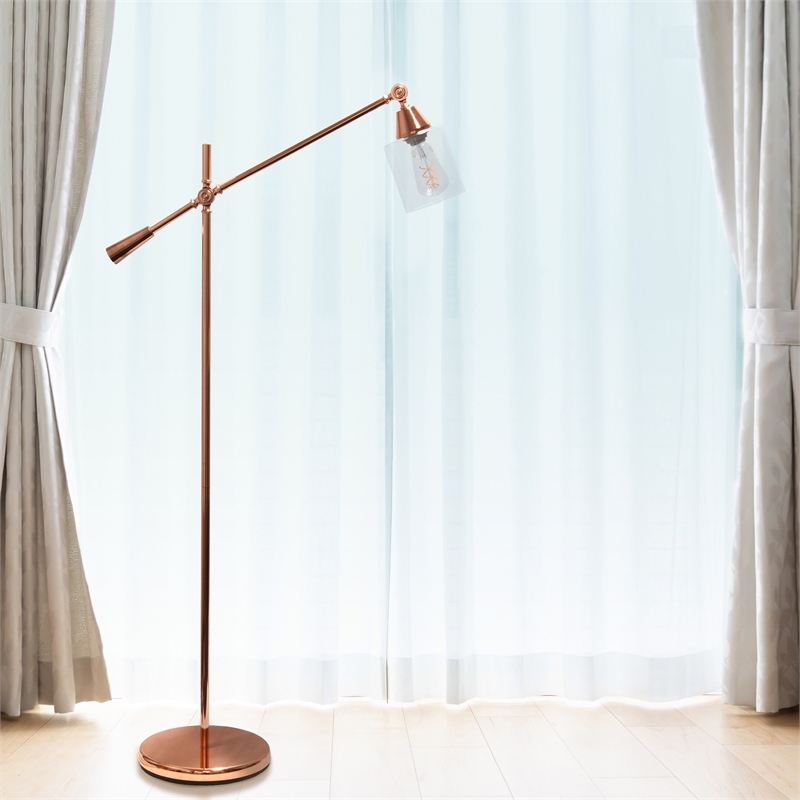 Lalia Home Metal Swing Arm Floor Lamp in Rose Gold with Clear Shade