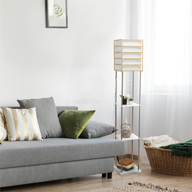 Lalia Home Metal 1 Light Etagere Shelving Floor Lamp in Nickel with Cream Shade