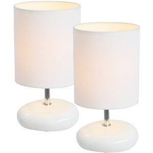 Simple Designs Ceramic Small Stone Table Lamp 2 Pack in White with White Shade