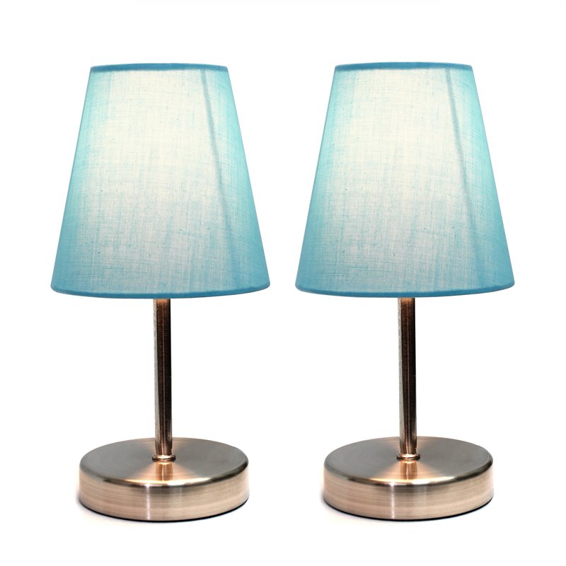 Simple Designs Metal Basic Table Lamp 2 Pack in Sand Nickel with Blue Shade