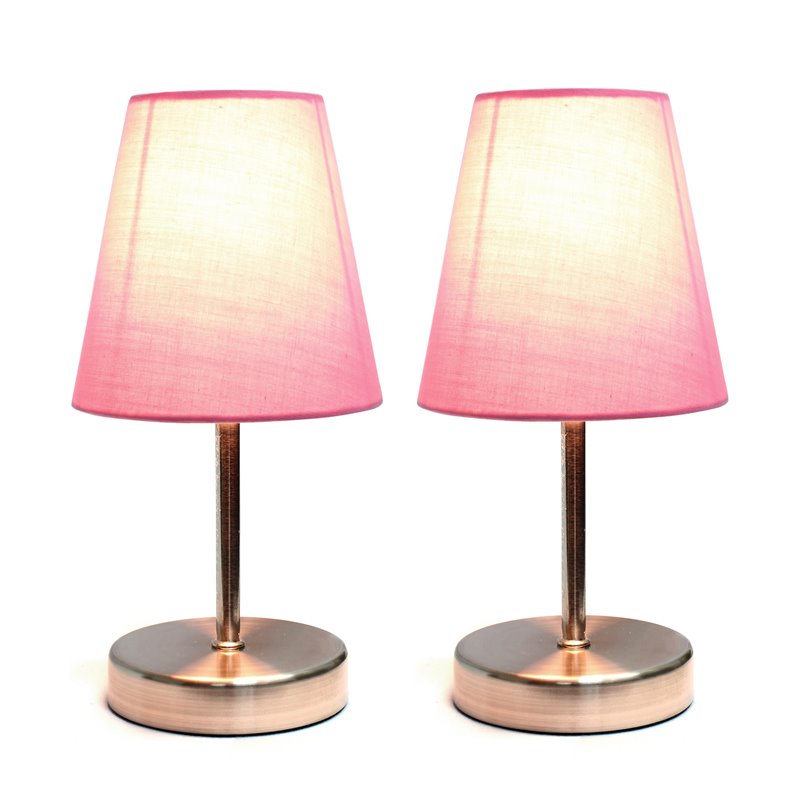 Simple Designs Metal Basic Table Lamp 2 Pack in Sand Nickel with Pink Shade