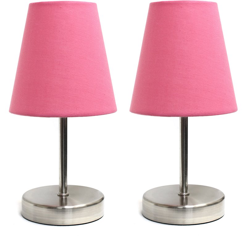Simple Designs Metal Basic Table Lamp 2 Pack in Sand Nickel with Pink Shade