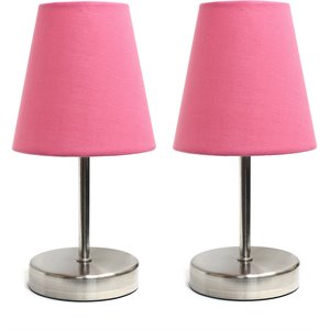 Simple Designs Metal Basic Table Lamp 2 Pack in Sand Nickel with Pink Shade