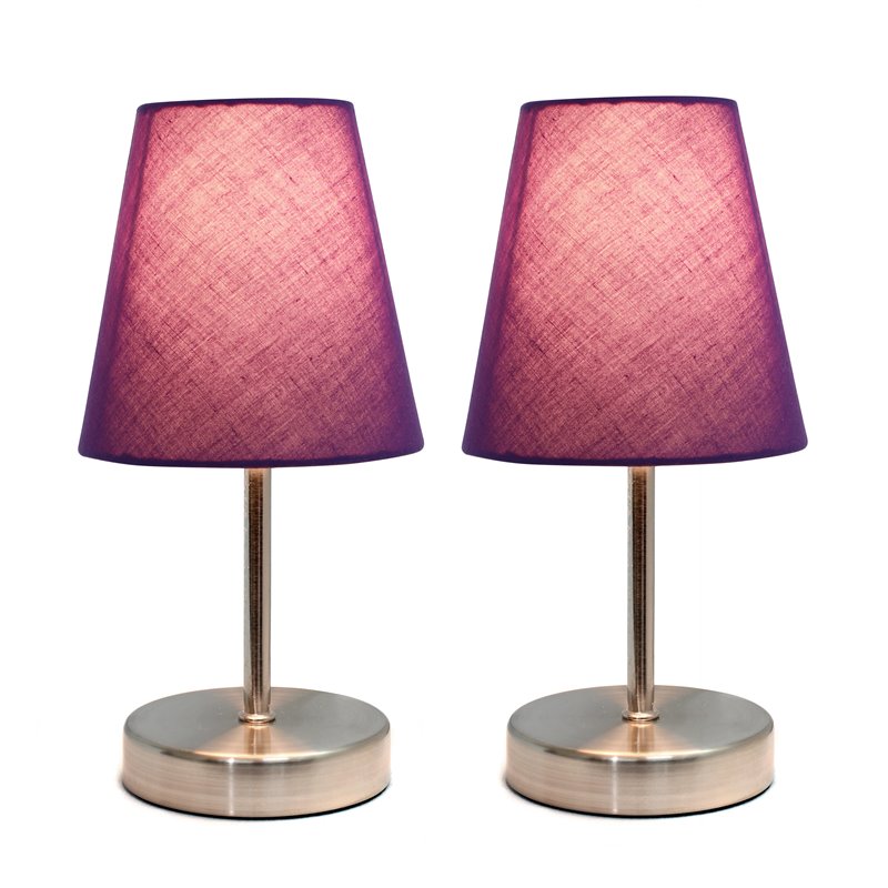Simple Designs Metal Basic Table Lamp 2 Pack in Sand Nickel with Purple Shade