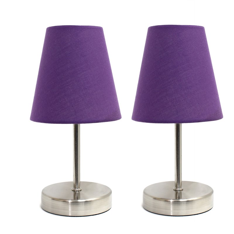 Simple Designs Metal Basic Table Lamp 2 Pack in Sand Nickel with Purple Shade