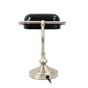 simple designs metal mini bankers lamp in brushed nickel with black shade