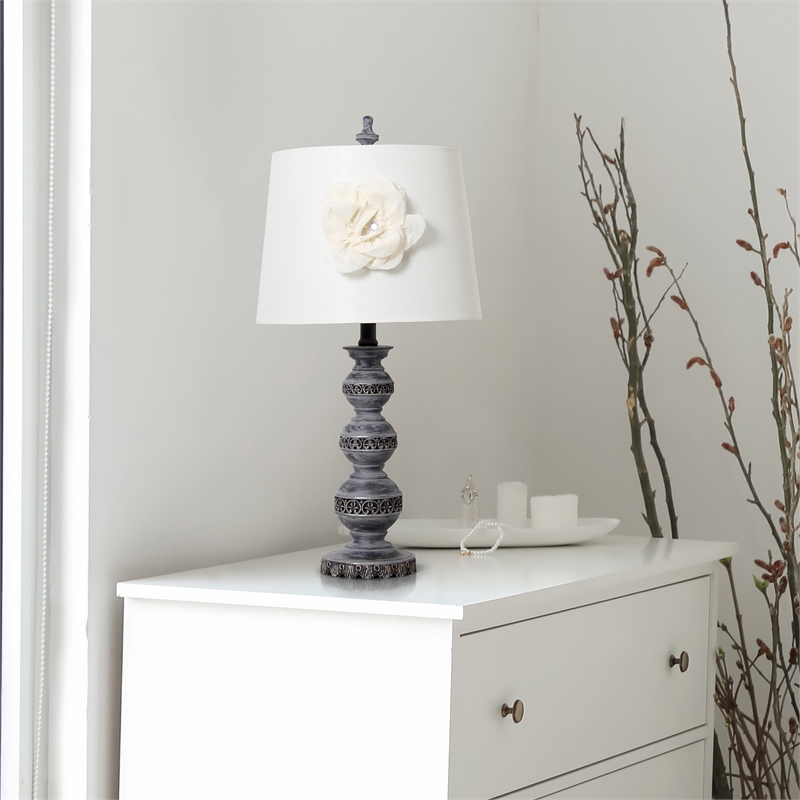 Elegant Designs Ceramic Stacked Ball Lamp in Aged Bronze with White Flower Shade