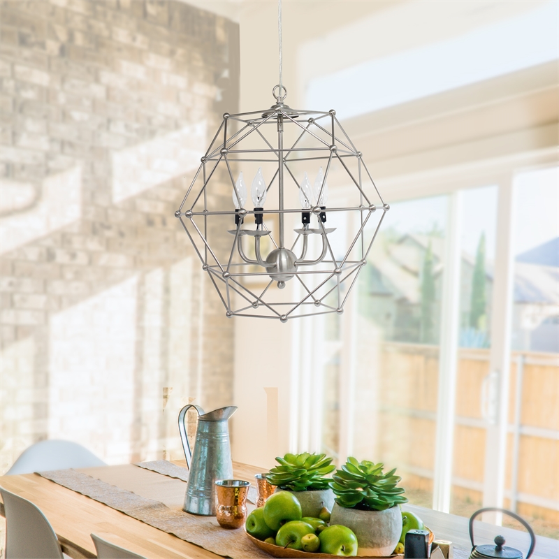 Elegant Designs Metal 4 Light Rustic Hexagon Pendant in Brushed Nickel