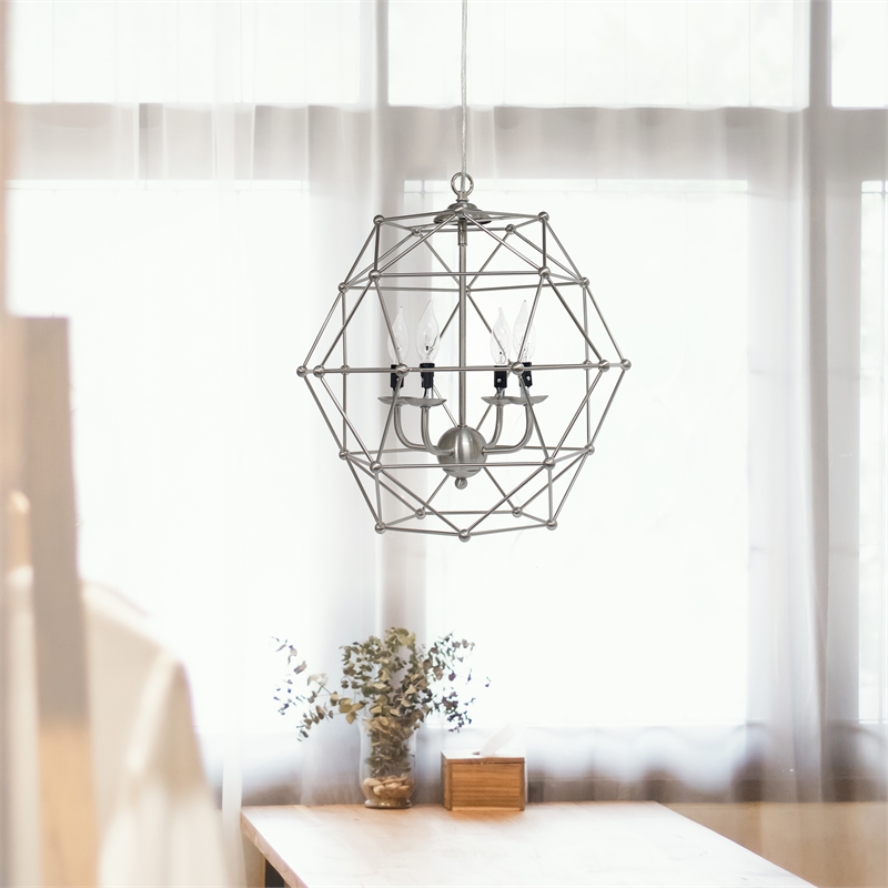 Elegant Designs Metal 4 Light Rustic Hexagon Pendant in Brushed Nickel
